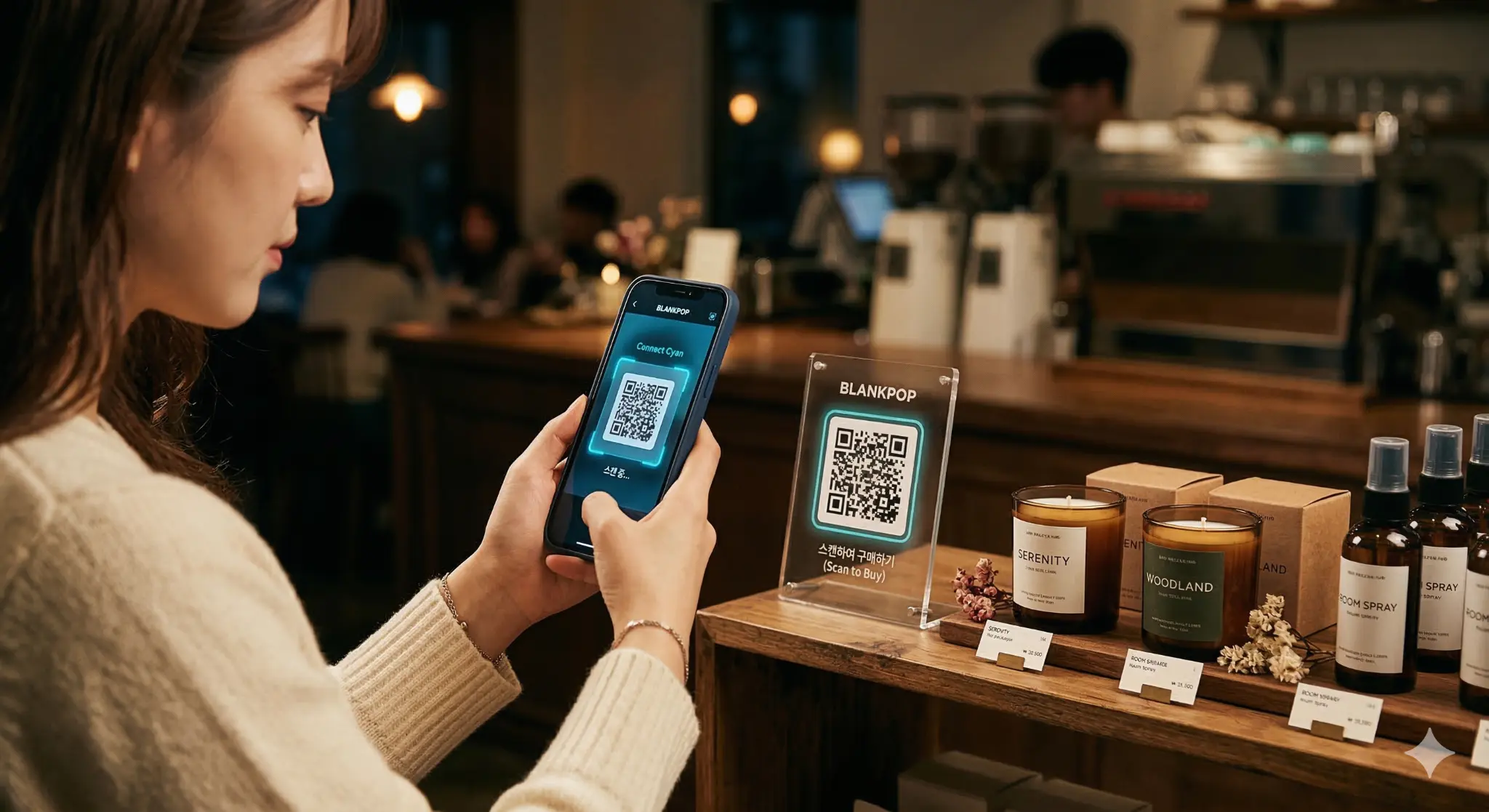 카페 카운터 옆 팝업 진열대에서 QR을 스캔하는 장면